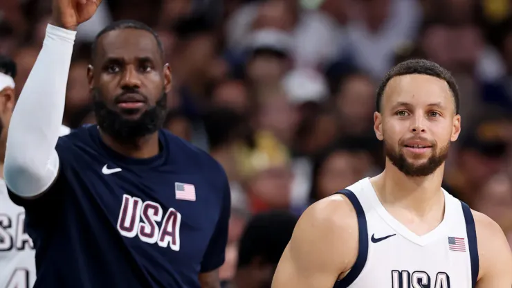 LeBron James #6 and Stephen Curry #4 of Team United States look on during a Men's Group Phase - Group C game between the United States and South Sudan on day five of the Olympic Games Paris 2024 at Stade Pierre Mauroy on July 31, 2024 in Lille, France.
