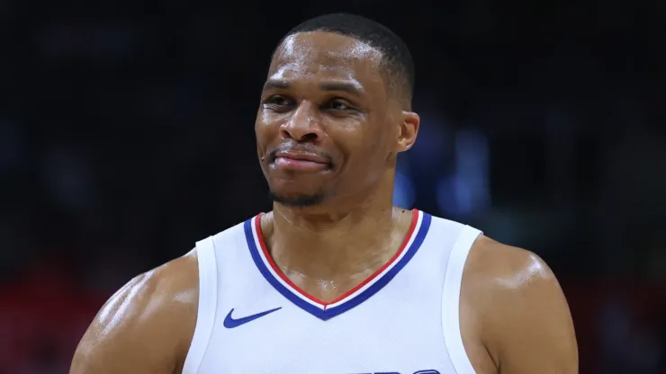 Russell Westbrook #0 of the LA Clippers jokes with Max Strus #1 of the Cleveland Cavaliers during a 120-118 Clippers win at Crypto.com Arena on April 07, 2024 in Los Angeles, California.
