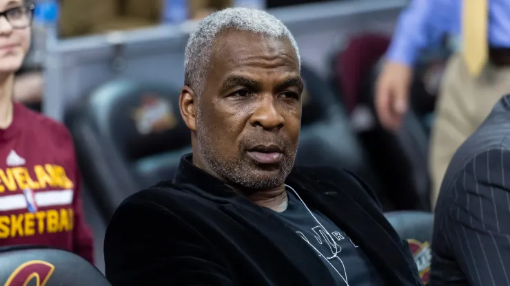 Former NBA player Charles Oakley sits court side prior to the game between the Cleveland Cavaliers and the New York Knicks at Quicken Loans Arena.
