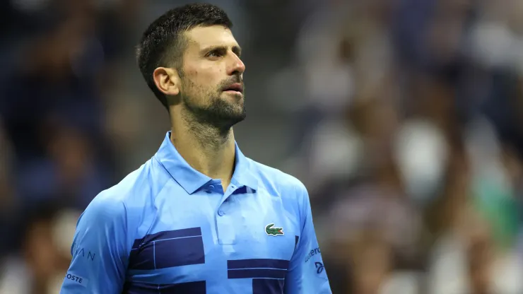 Novak Djokovic of Serbia looks on after a point against Alexei Popyrin
