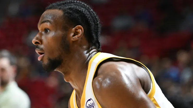 Bronny James Jr. #9 of the Los Angeles Lakers looks on against the Boston Celtics in the second half of an NBA Summer League game at the Thomas & Mack Center on July 15, 2024 in Las Vegas, Nevada. The Celtics defeated the Lakers 88-74.
