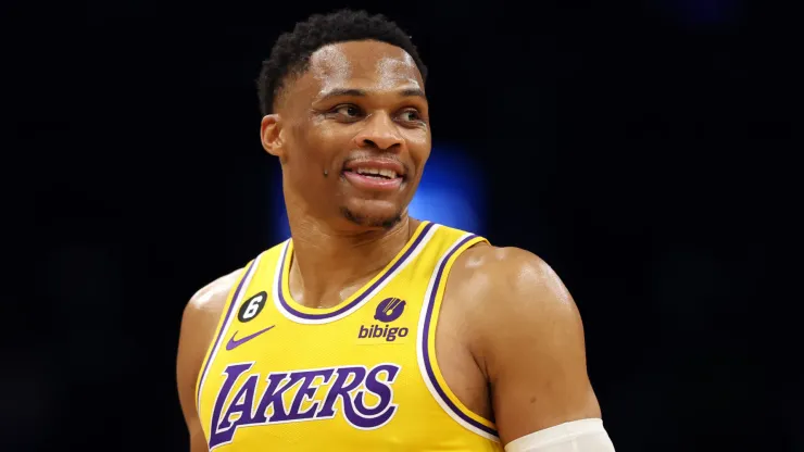 Russell Westbrook #0 of the Los Angeles Lakers looks on during the first half against the Boston Celtics
