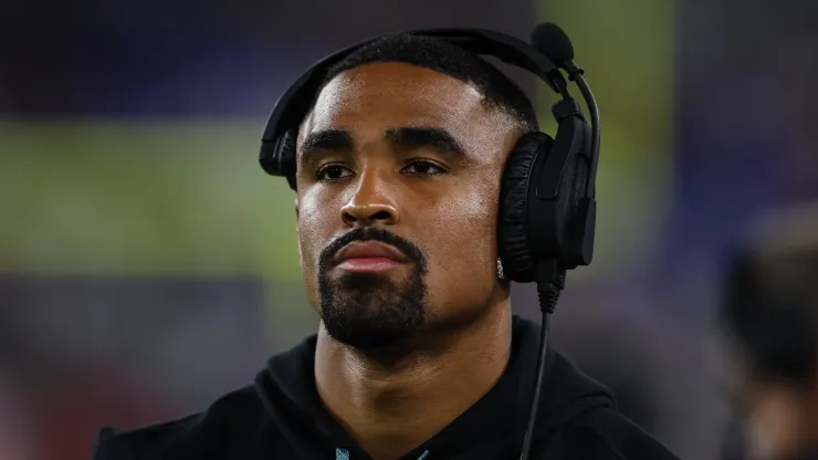 BALTIMORE, MD - AUGUST 09: Jalen Hurts #1 of the Philadelphia Eagles looks on from the sideline during the second quarter of a preseason game against the Baltimore Ravens at M&T Bank Stadium on August 9, 2024 in Baltimore, Maryland. 
