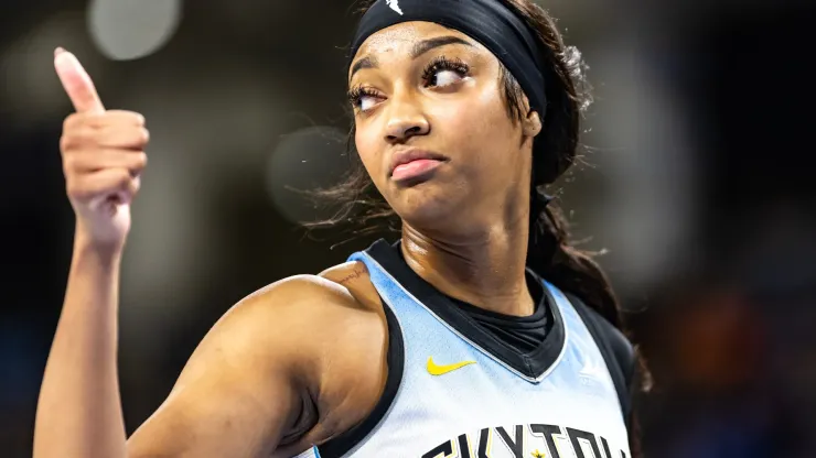 Angel Reese #5 of the Chicago Sky celebrates her team taking a big lead in the fourth quarter against the Los Angeles Sparks at Wintrust Arena on September 6, 2024 in Chicago, Illinois.
