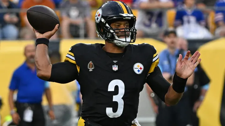 Russell Wilson #3 of the Pittsburgh Steelers drops back to pass in the first quarter during the preseason game against the Buffalo Bills at Acrisure Stadium on August 17, 2024 in Pittsburgh, Pennsylvania.
