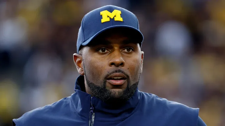 Head coach Sherrone Moore of the Michigan Wolverines looks on before a game against the Bowling Green Falcons at Michigan Stadium on September 16, 2023 in Ann Arbor, Michigan.
