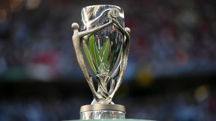 A detailed view of the Finalissima trophy prior to the 2022 Finalissima match between Italy and Argentina
