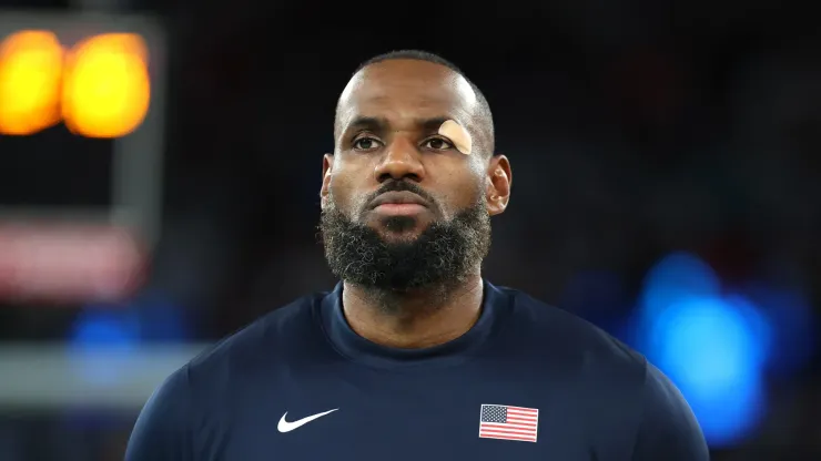  LeBron James #6 of Team United States reacts prior to a Men's basketball semifinals match between Team United States and Team Serbia on day thirteen of the Olympic Games Paris 2024 at Bercy Arena on August 08, 2024 in Paris, France.
