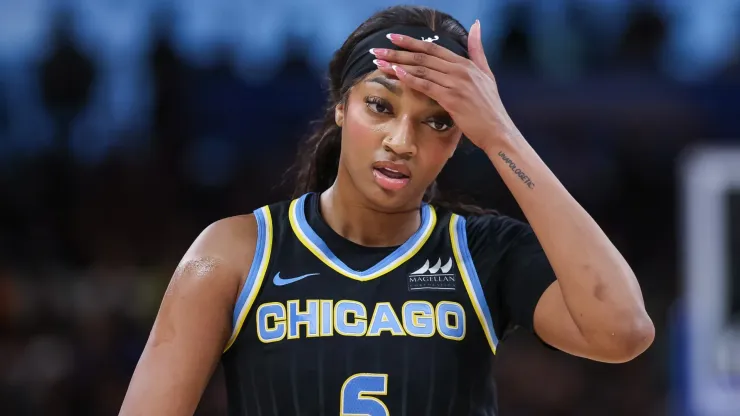 Angel Reese #5 of the Chicago Sky reacts during the game against the Indiana Fever at Wintrust Arena on August 30, 2024 in Chicago, Illinois.
