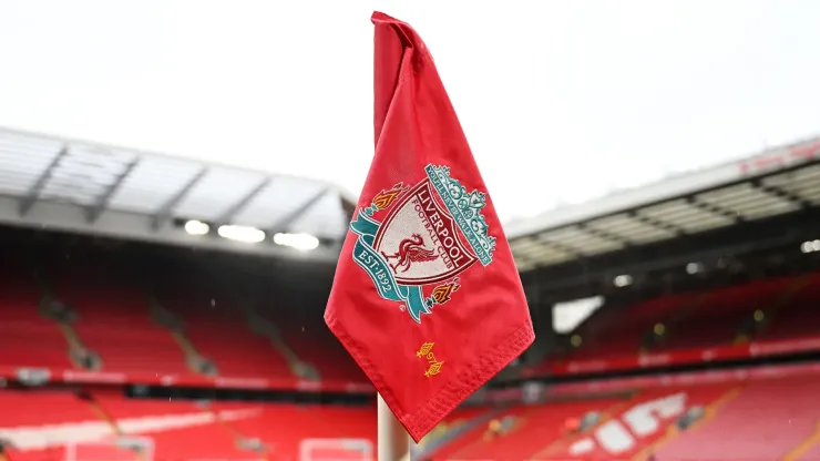 General view inside the stadium, where the corner flag, featuring the clubs logo can be seen prior to the Premier League match between Liverpool FC and Brentford FC at Anfield on August 25, 2024 in Liverpool, England.
