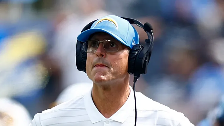 INGLEWOOD, CALIFORNIA - SEPTEMBER 08: Head coach Jim Harbaugh of the Los Angeles Chargers looks on during the third quarter against the Las Vegas Raiders at SoFi Stadium. 
