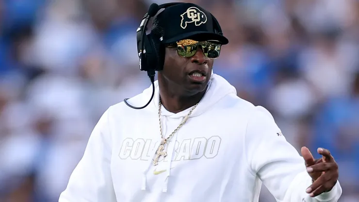 Head coach Deion Sanders of the Colorado Buffaloes looks on from the sidelines during the first half of a game against the UCLA Bruins at Rose Bowl Stadium on October 28, 2023 in Pasadena, California. 
