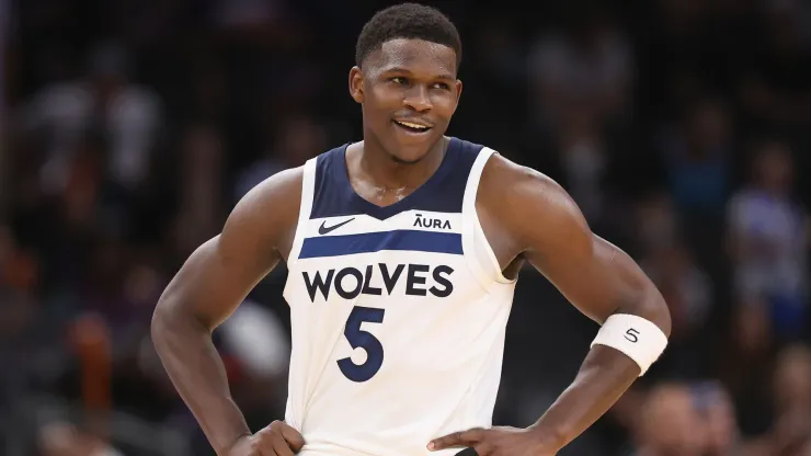 Anthony Edwards #5 of the Minnesota Timberwolves reacts during the second half of game three of the Western Conference First Round Playoffs
