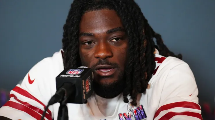 Brandon Aiyuk #11 speaks to the media during San Francisco 49ers media availability ahead of Super Bowl LVIII at Hilton Lake Las Vegas Resort and Spa on February 07, 2024 in Henderson, Nevada.
