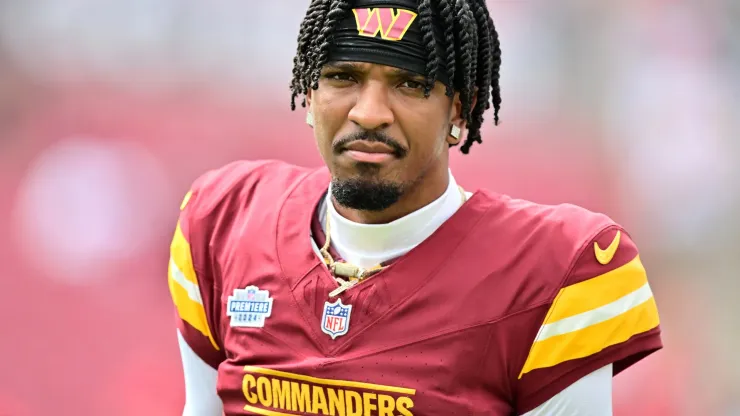 Jayden Daniels #5 of the Washington Commanders looks on prior to a game against the Tampa Bay Buccaneers at Raymond James Stadium on September 08, 2024 in Tampa, Florida.
