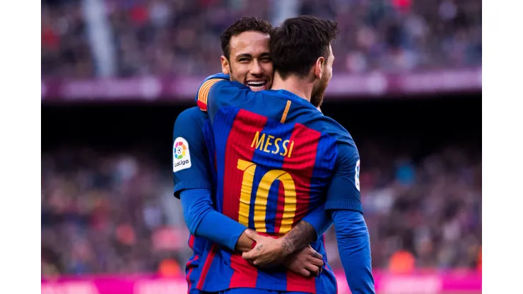 BARCELONA, SPAIN - FEBRUARY 04:  Lionel Messi (R) of FC Barcelona celebrates with his teammate Neymar Santos Jr after scoring his team's second goal during the La Liga match between FC Barcelona and Athletic Club at Camp Nou  stadium on February 4, 2017 in Barcelona, Spain.  (Photo by Alex Caparros/Getty Images)
