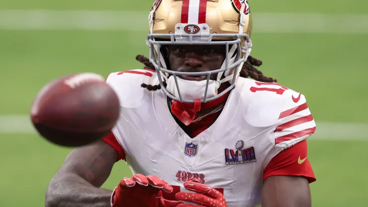 Brandon Aiyuk #11 of the San Francisco 49ers warms up prior to Super Bowl LVIII against the Kansas City Chiefs at Allegiant Stadium on February 11, 2024 in Las Vegas, Nevada.
