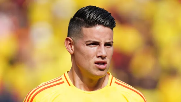 James Rodriguez of Colombia sings the national anthem prior to the South American FIFA World Cup 2026 Qualifier match between Colombia and Argentina at Roberto Melendez Metropolitan Stadium on September 10, 2024 in Barranquilla, Colombia.
