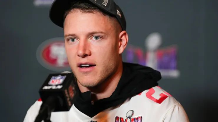 Christian McCaffrey #23 speaks to the media during San Francisco 49ers media availability ahead of Super Bowl LVIII at Hilton Lake Las Vegas Resort and Spa on February 07, 2024 in Henderson, Nevada.
