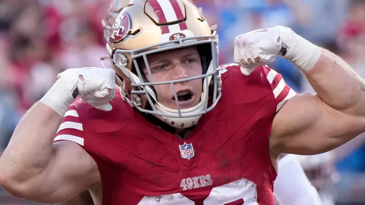 Christian McCaffrey #23 of the San Francisco 49ers celebrates after scoring a touchdown during the second quarter against the Detroit Lions in the NFC Championship Game at Levi's Stadium on January 28, 2024 in Santa Clara, California.
