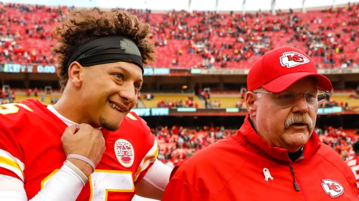 Patrick Mahomes #15, quarterback with the Kansas City Chiefs, walked off the field with Andy Reid, head coach of the Kansas City Chiefs, after the 26-14 win over the Arizona Cardinals at Arrowhead Stadium on November 11, 2018 in Kansas City, Missouri.
