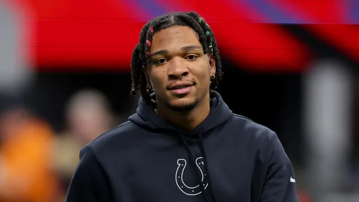 Anthony Richardson #5 of the Indianapolis Colts looks on prior to the game against the Atlanta Falcons at Mercedes-Benz Stadium on December 24, 2023 in Atlanta, Georgia.
