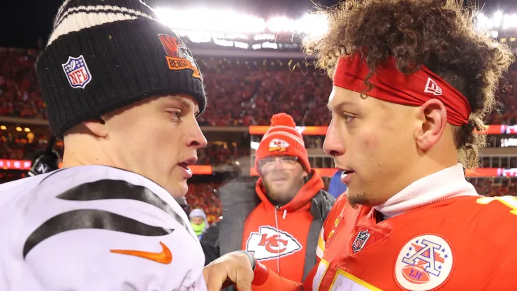 Joe Burrow #9 of the Cincinnati Bengals and Patrick Mahomes #15 of the Kansas City Chiefs meet on the field after the AFC Championship Game at GEHA Field at Arrowhead Stadium on January 29, 2023 in Kansas City, Missouri.
