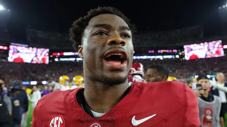 Jalen Milroe #4 of the Alabama Crimson Tide reacts after their 42-28 win over the LSU Tigers at Bryant-Denny Stadium on November 04, 2023 in Tuscaloosa, Alabama.
