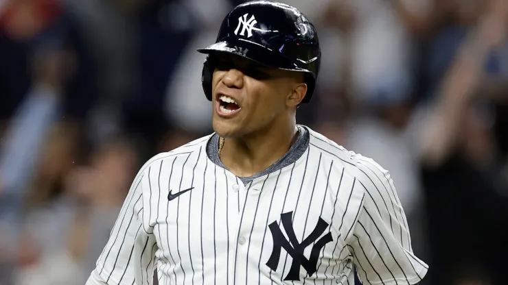 Juan Soto #22 of the New York Yankees reacts after his sixth inning two run home run against the Kansas City Royals at Yankee Stadium on September 11, 2024 in New York City. 
