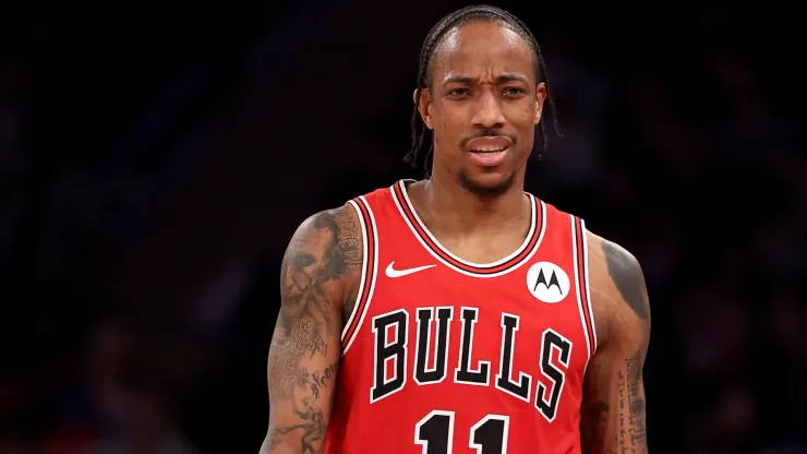 DeMar DeRozan #11 of the Chicago Bulls reacts during the second half against the New York Knicks
