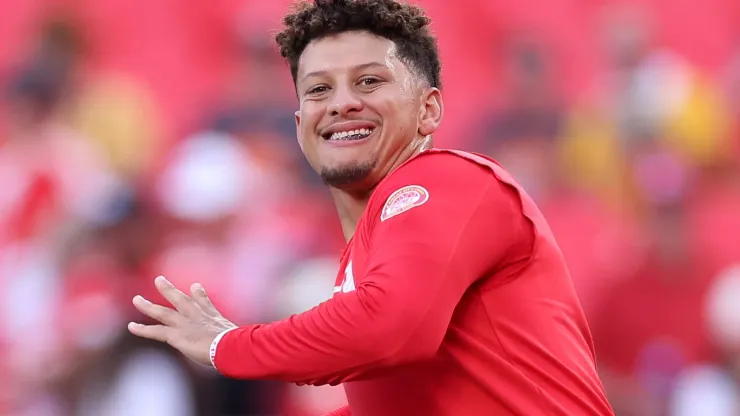 Quarterback Patrick Mahomes #15 of the Kansas City Chiefs throws a pass during warmups before playing the Baltimore Ravens at GEHA Field at Arrowhead Stadium on September 05, 2024 in Kansas City, Missouri.
