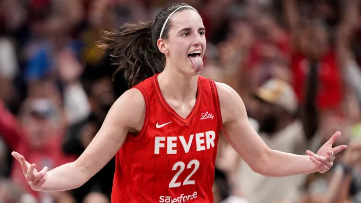 Caitlin Clark #22 of the Indiana Fever celebrates a basket during the second half of a game against the Las Vegas Aces at Gainbridge Fieldhouse on September 13, 2024 in Indianapolis, Indiana.
