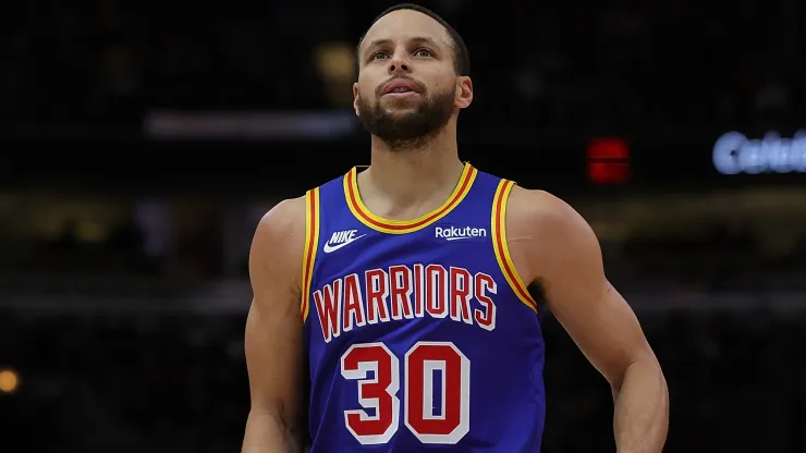 Stephen Curry #30 of the Golden State Warriors walks backcourt during a game against the Chicago Bulls at United Center on January 14, 2022 in Chicago, Illinois.
