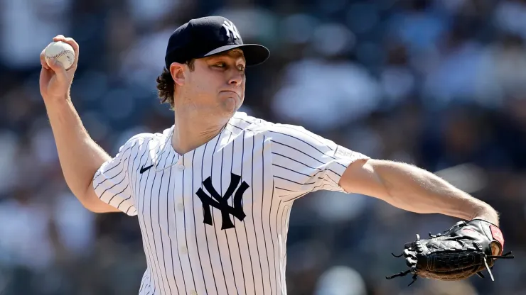 Gerrit Cole #45 of the New York Yankees pitches during the first inning against the Boston Red Sox at Yankee Stadium on September 14, 2024 in New York City. 
