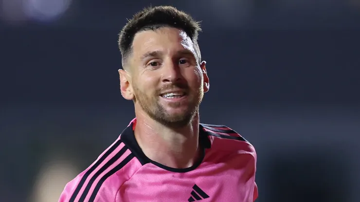 Lionel Messi #10 of Inter Miami CF celebrates a goal scored by Luis Suarez #9 against the New York Red Bulls
