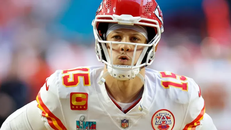 Patrick Mahomes #15 of the Kansas City Chiefs runs onto the field before playing against the Philadelphia Eagles in Super Bowl LVII at State Farm Stadium on February 12, 2023 in Glendale, Arizona.
