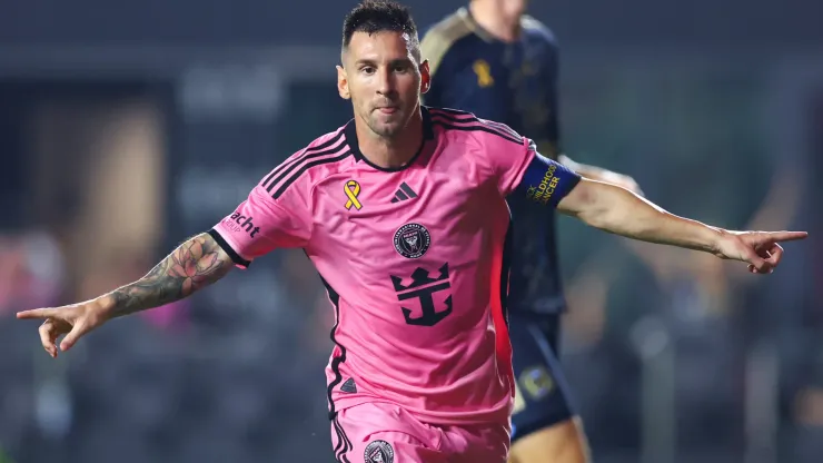 Lionel Messi #10 of Inter Miami celebrates after scoring a goal against the Philadelphia Union
