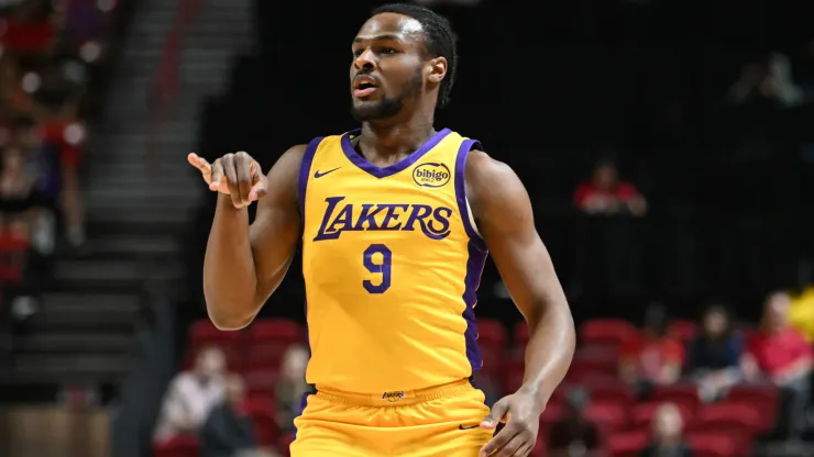 Bronny James Jr. #9 of the Los Angeles Lakers reacts to scoring on the Cleveland Cavaliers in the first half of a 2024 NBA Summer League game
