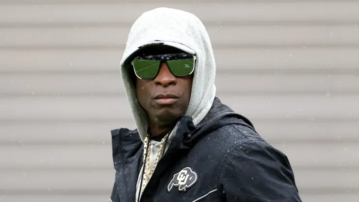  Head coach Deion Sanders of the Colorado Buffaloes watches as his team warms-up prior to their spring game at Folsom Field on April 27, 2024 in Boulder, Colorado.
