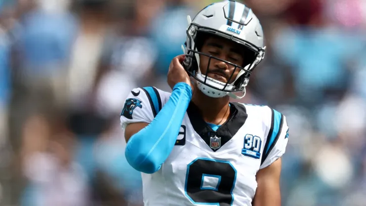 Quarterback Bryce Young #9 of the Carolina Panthers reacts during the second half of the game against the Los Angeles Chargers at Bank of America Stadium on September 15, 2024 in Charlotte, North Carolina.
