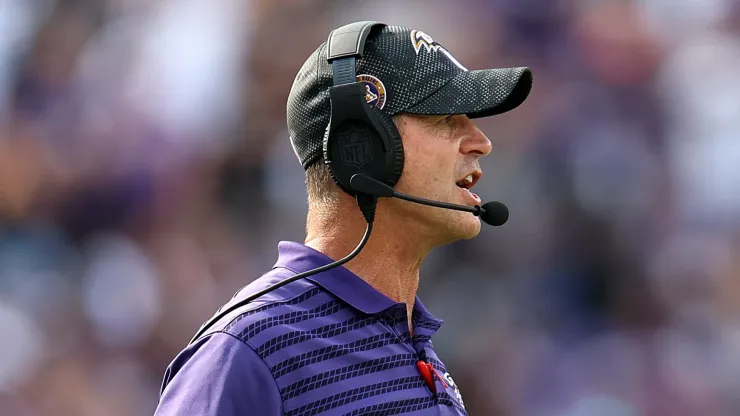 Baltimore Ravens head coach John Harbaugh reacts to a call during the fourth quarter against the Las Vegas Raiders at M&T Bank Stadium on September 15, 2024 in Baltimore, Maryland.
