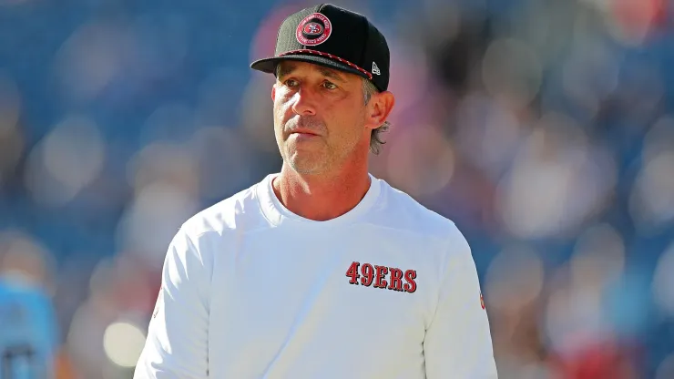 Head Coach Kyle Shanahan of the San Francisco 49ers before the game against the Tennessee Titans at Nissan Stadium on August 10, 2024 in Nashville, Tennessee.
