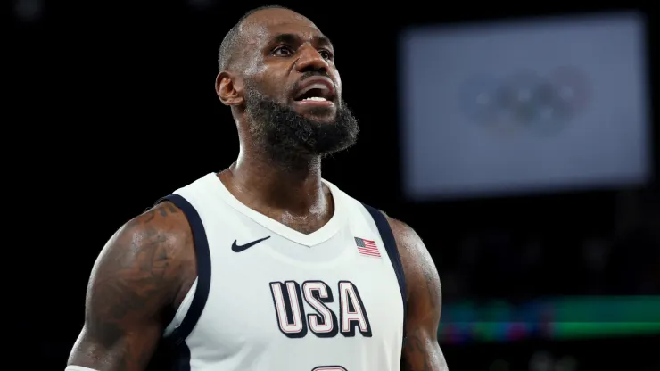 LeBron James #6 of Team United States reacts during a Men's basketball semifinals match between Team United States and Team Serbia
