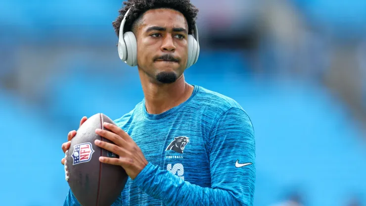 Bryce Young 9 of the Carolina Panthers warms up before a football game against the Los Angeles Chargers at Bank of America Stadium on September 15, 2024 in Charlotte, North Carolina.
