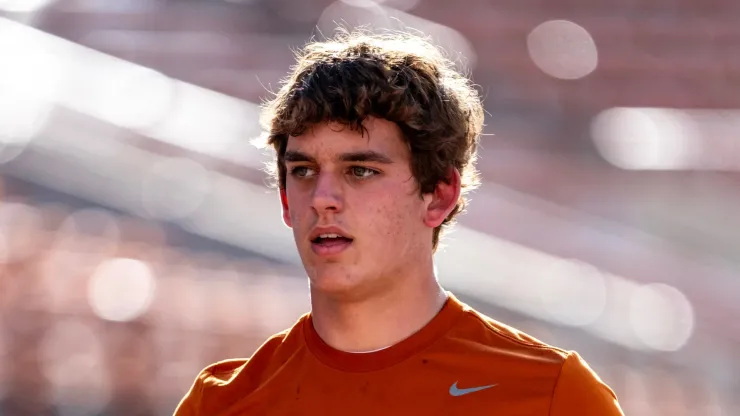 Arch Manning 16 of the Texas Longhorns warming up before the game vs the Wyoming Cowboys at DKR-Memorial Stadium.
