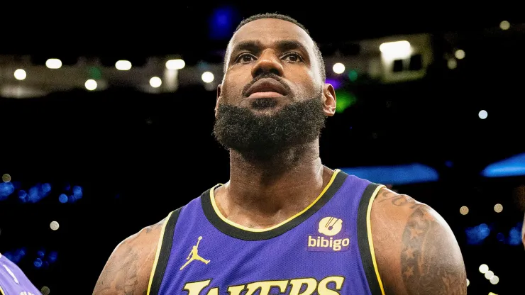 LeBron James 23 of the Los Angeles Lakers looks prior to a NBA game 