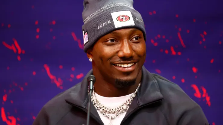 Wide receiver Deebo Samuel 19 of the San Francisco 49ers is interviewed during the Super Bowl LVIII Opening Night presented by Gatorade featuring the AFC Champion Kansas City Chiefs and the NFC Champion San Francisco 49ers on February 5, 2024 at Allegiant Stadium in Las Vegas, Nevada.
