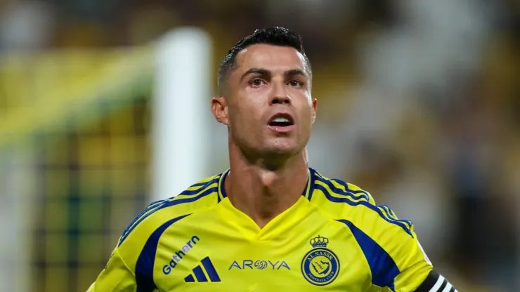 Cristiano Ronaldo of Al Nassr celebrating after scores the 1st goal during the Saudi Pro League match between Al Nassr and Al Raed at Al Awwal Park Stadium on August 22, 2024 in Riyadh, Saudi Arabia. 
