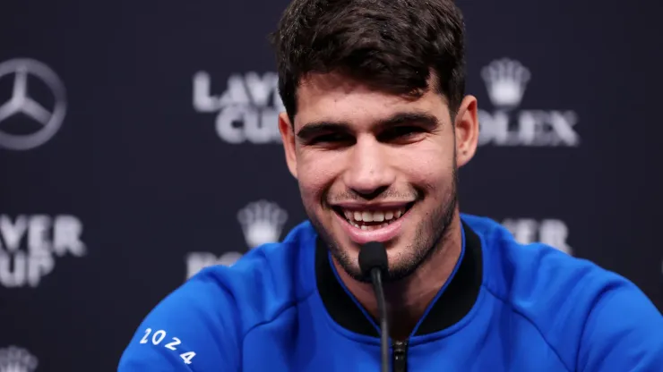 Carlos Alcaraz of Team Europe speaks during a Team Europe Press Conference at Uber Arena on September 19, 2024 
