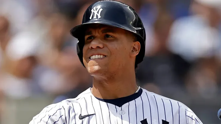 Juan Soto #22 of the New York Yankees reacts after flying out during the sixth inning against the Tampa Bay Rays at Yankee Stadium.
